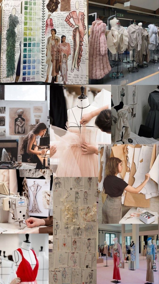 a collage of images with different types of clothing on mannequins and dresses