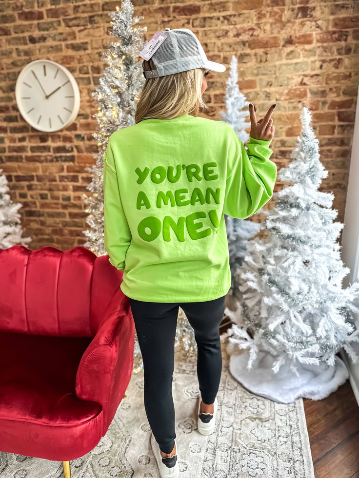 Experience the ultimate combination of comfort and style with our You're a Mean One Crewneck Sweatshirt. Made with 50% cotton and 50% poly from both Lime Brand and Heliconia Brand, this unisex fit sweatshirt offers a soft and breathable feel. The puff vinyl design adds a touch of uniqueness. Get yours today! Christmas Vinyl Sweatshirts, Sweatshirt Design Ideas Vinyl, Holiday Tshirt Designs, Vinyl Sweatshirt Ideas Cricut, Grinch Sweatshirt Ideas, Puff Vinyl Shirts, Bartending Shirts, Puff Vinyl Sweatshirt, Vinyl Sweatshirt Ideas