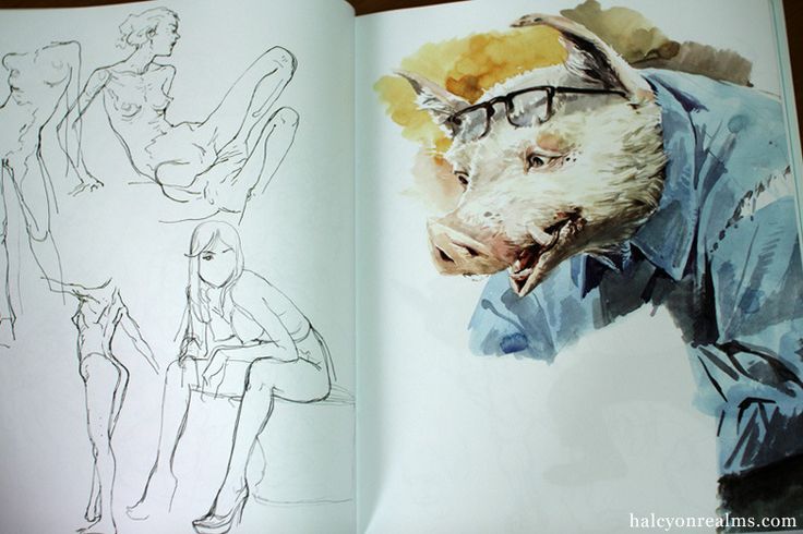 an open book with drawings of people and animals in it's pages, including a pig wearing glasses