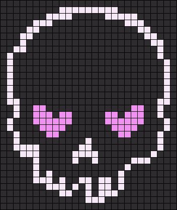 a pixel art skull with pink eyes on a black background, in the form of a cross stitch pattern