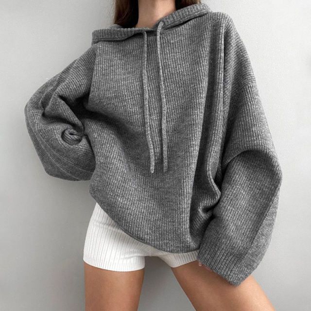 Womens Casual Knitted Hooded Sweater Knitted Hoodie, Sweater Streetwear, Woolen Sweaters, Top Streetwear, Gray Fabric, Basic Long Sleeve, Knit Hoodie, Sweaters Online, Hooded Sweater