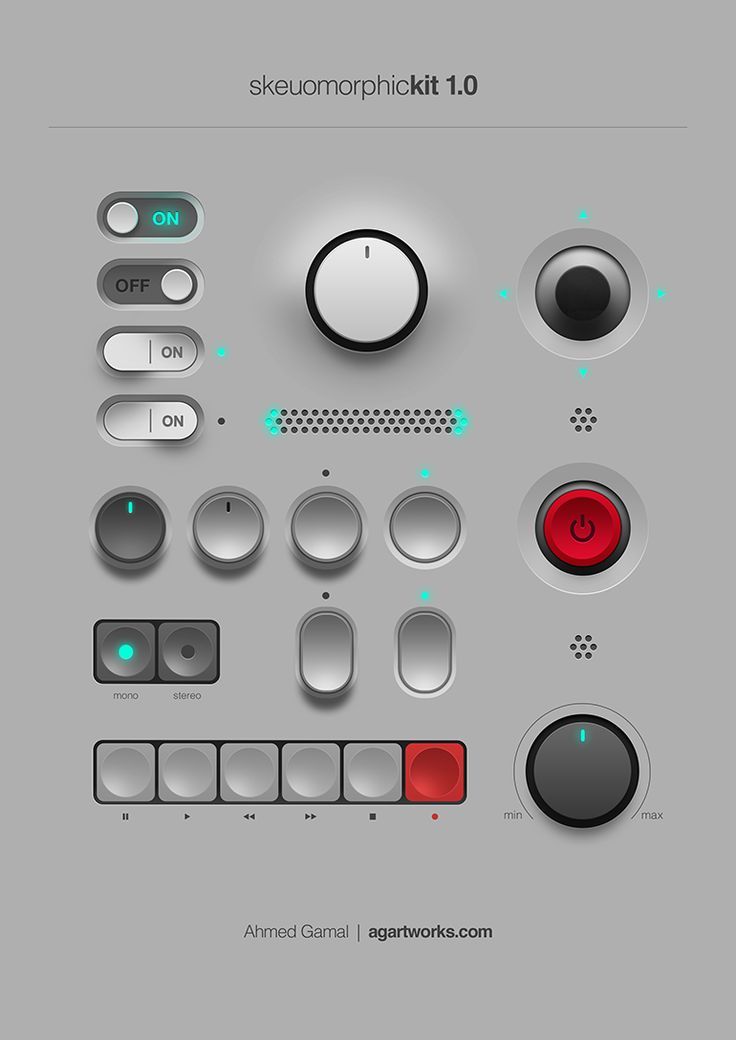 a bunch of buttons and knobs on a gray background