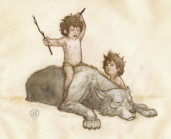 a drawing of two children on top of a bear with an arrow in its mouth