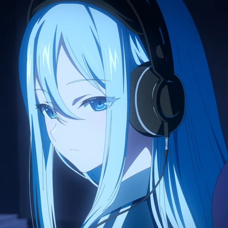 an anime character with long white hair wearing headphones and looking at the camera while listening to music