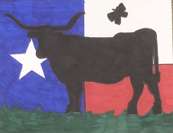 a drawing of a cow in front of the texas flag