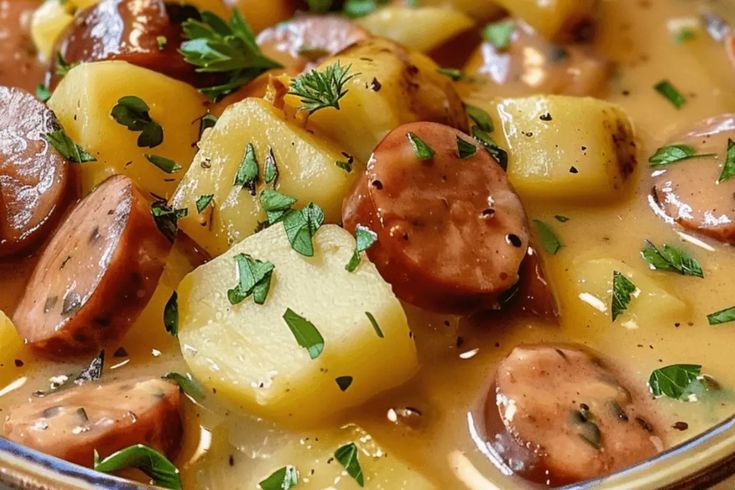 a close up of a bowl of food with potatoes and sausages in broth