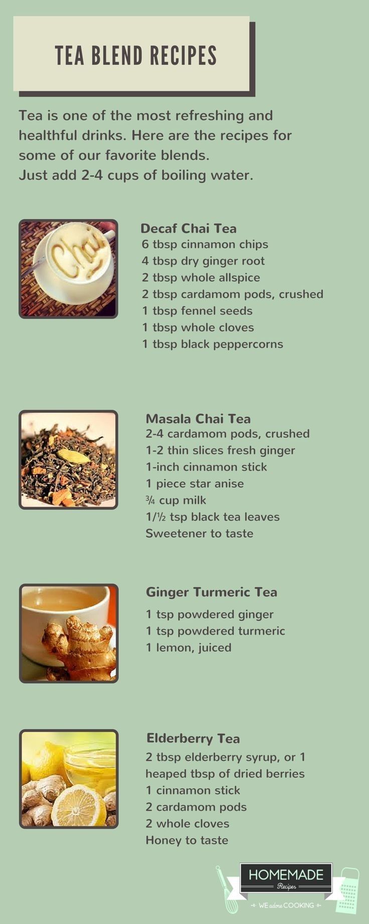 the recipe for tea is shown in this graphic style, and includes instructions to make it