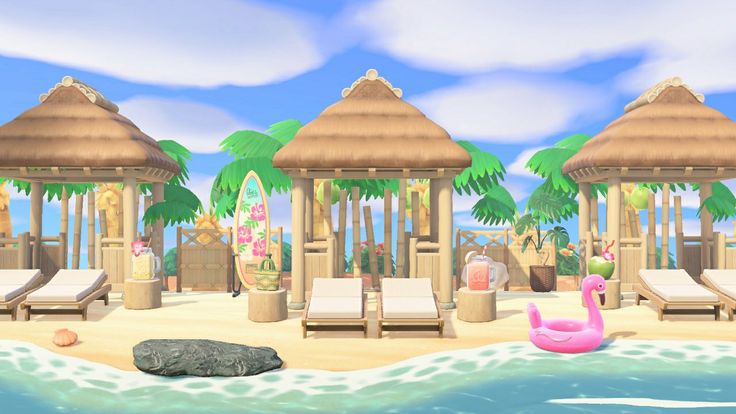 a beach scene with lounge chairs, umbrellas and an inflatable pink flamingo