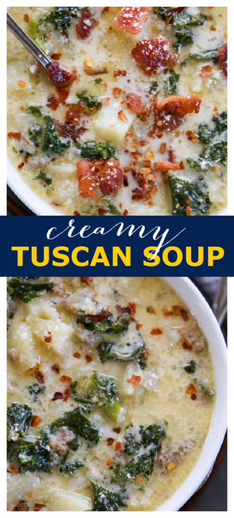 two bowls of creamy tuscan soup with broccoli and cheese