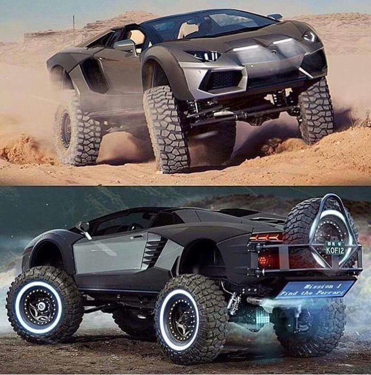 an image of a monster truck in the desert and another photo of a car driving on sand