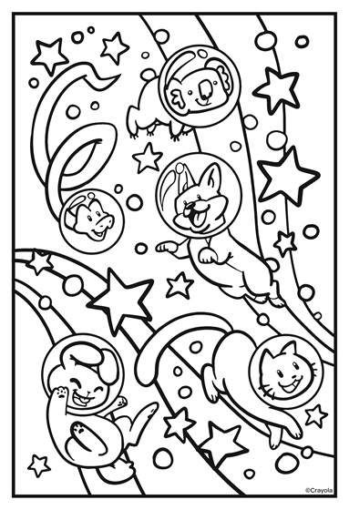 an astronaut coloring page for kids with space and stars in the sky, as well as astronauts