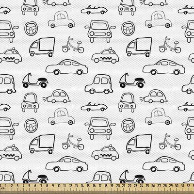 a white fabric with black cars on it