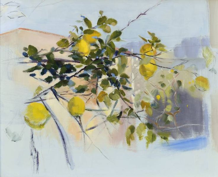 a painting of lemons hanging from a tree