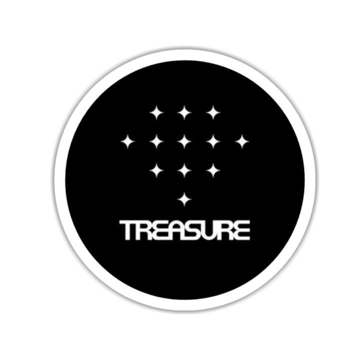 a black and white sticker with the word,'treasures'in stars on it