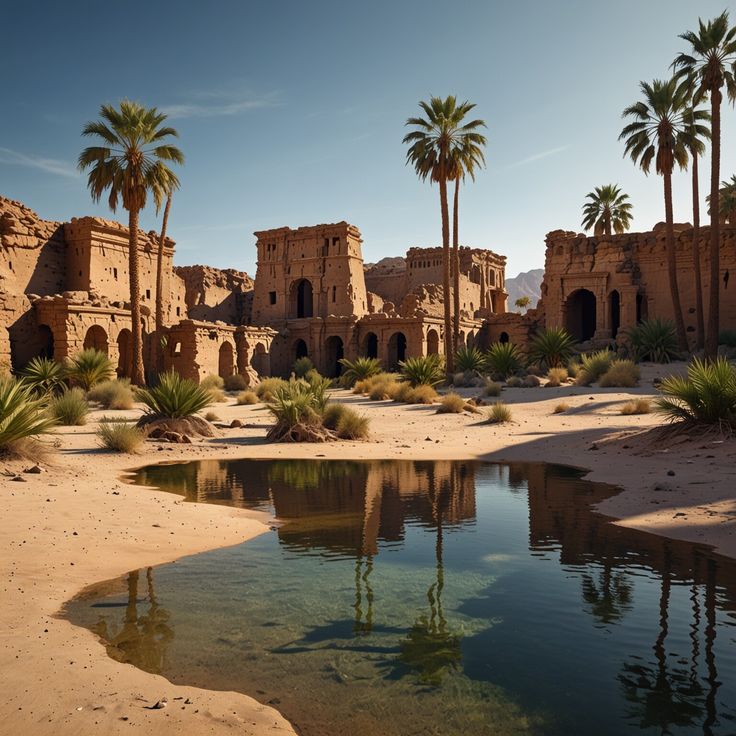 palm trees are growing in the desert near a body of water that is surrounded by sand