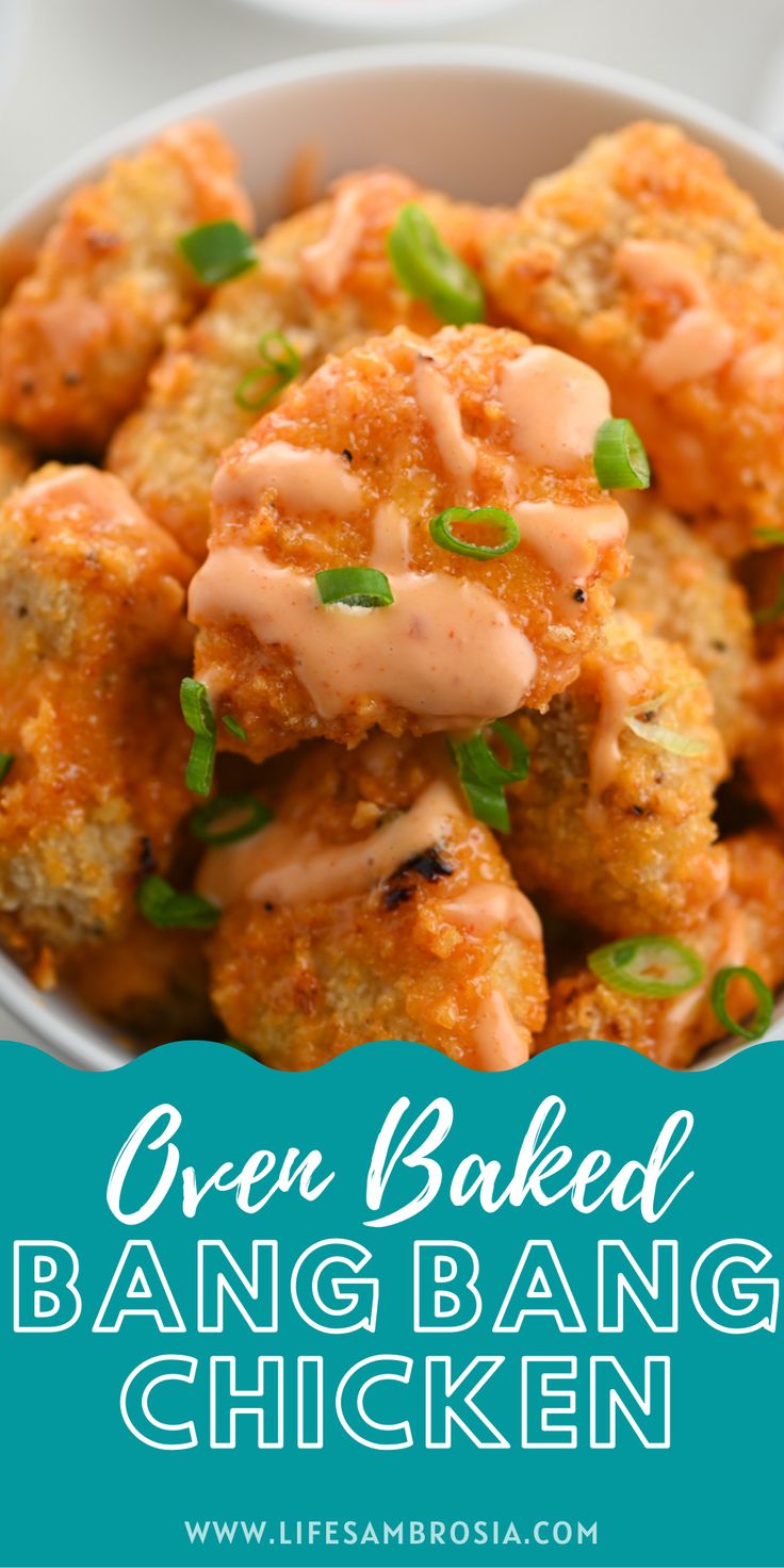 a white bowl filled with green baked bang bang chicken