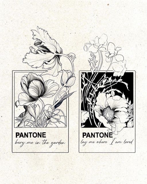 two black and white images with flowers in the middle one has pantone's name on it