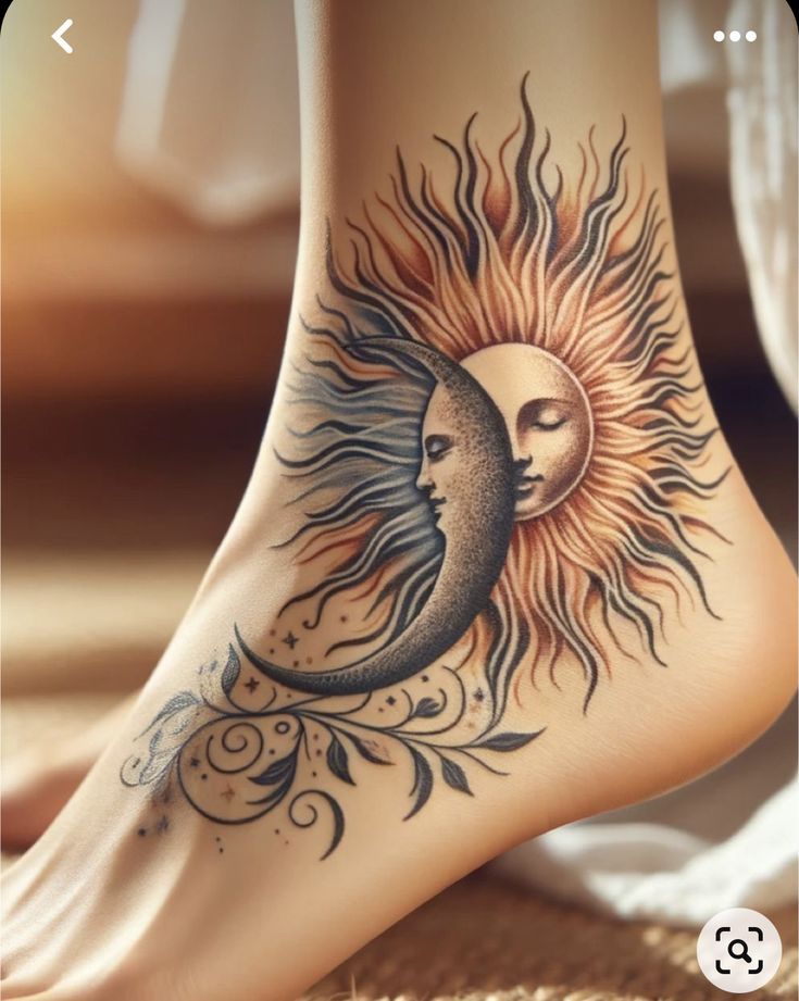 a woman's foot with a sun and moon tattoo on it