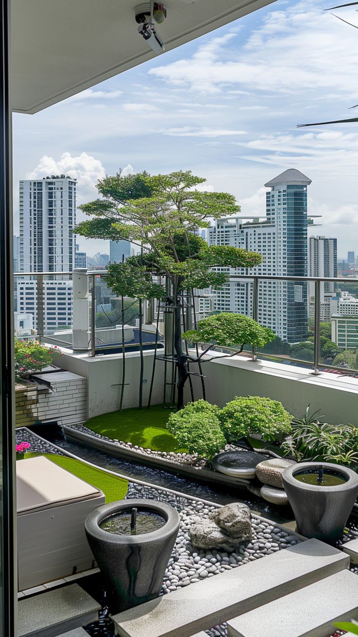 a balcony with potted plants and rocks on the ground, in front of a cityscape