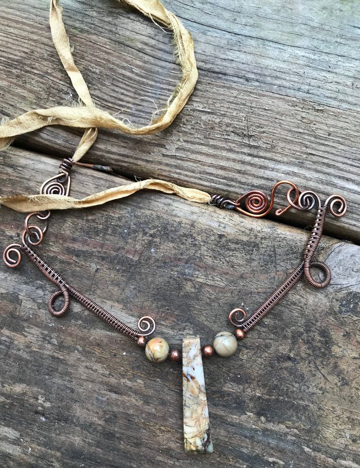 Picasso Jasper and Copper Necklace on Silk Ribbon Cord Nature, Leather Cord Jewelry, Sari Ribbon, Making Necklaces, Bar Jewelry, Cord Jewelry, Picasso Jasper, Head Jewelry, Jewelry Clasps