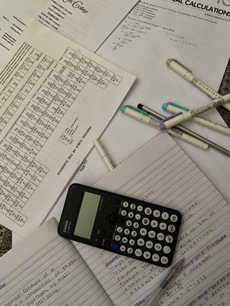 a calculator sitting on top of sheets of paper next to pens and pencils