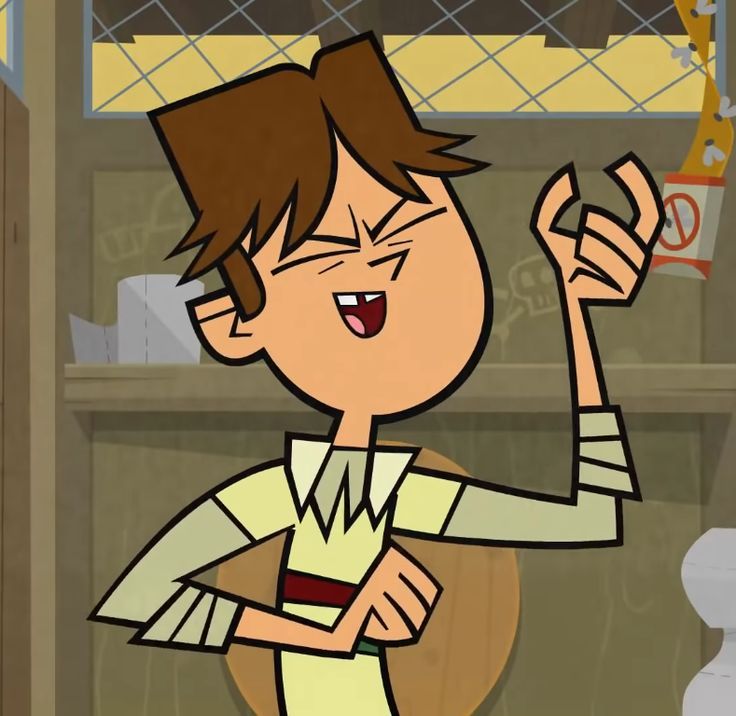 a cartoon character with brown hair and white shirt holding his hand up in the air