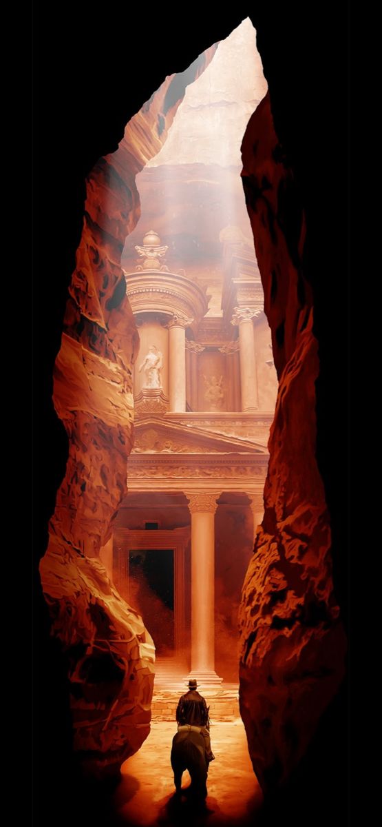 a man standing in the middle of a canyon with a light coming from behind him