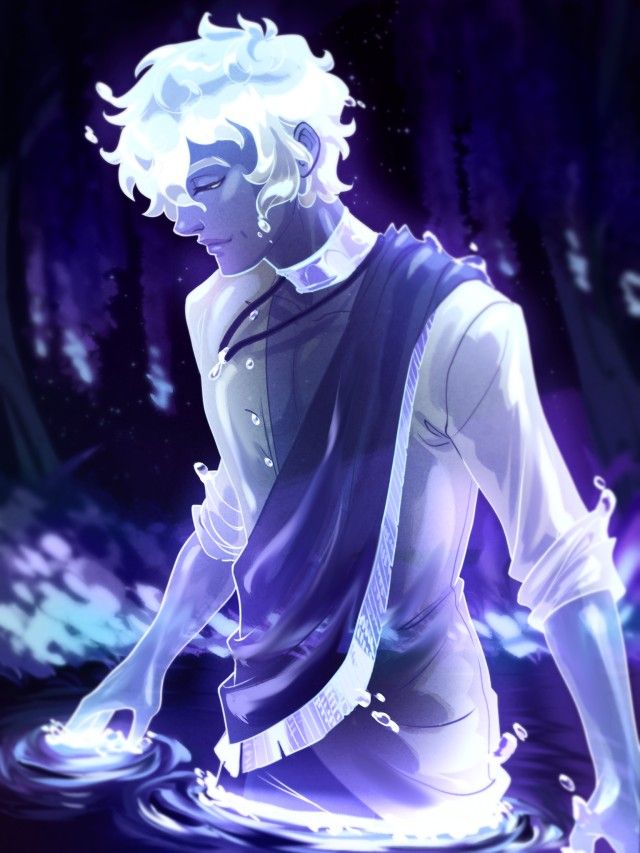 an anime character with white hair standing in the water and holding a glowing light above his head