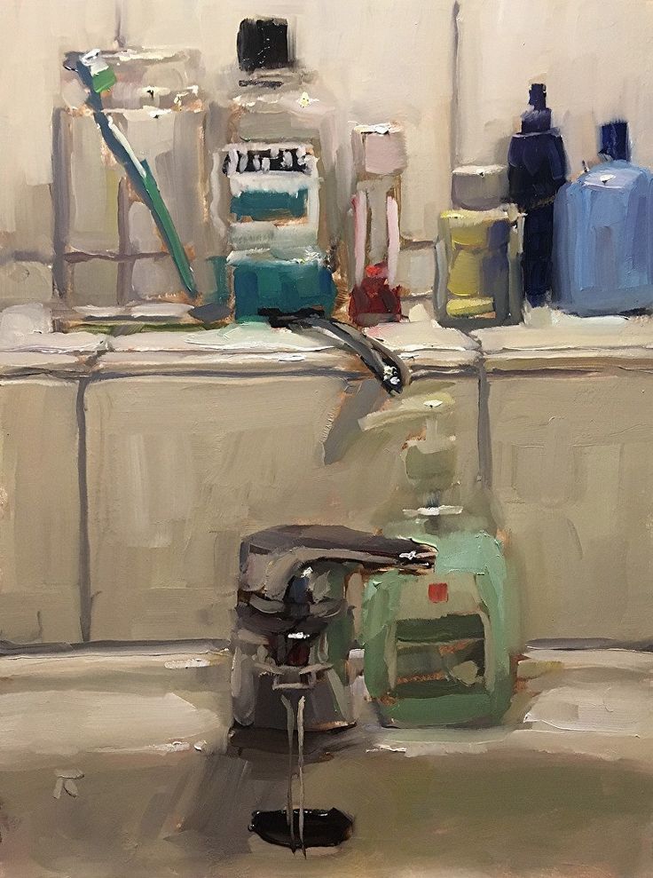 an oil painting of various items on a counter top in front of a sink with a faucet