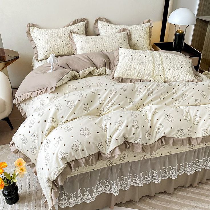 the comforter is made up and ready for someone to use it in their home