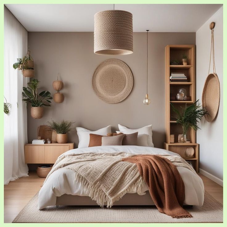 a large bed sitting in a bedroom next to a wooden shelf filled with potted plants