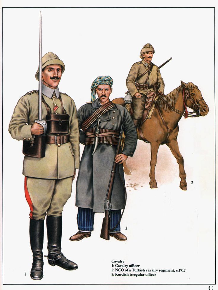 Ottoman Cavalry 1914-18:  1: Cavalry officer;  2: NCO of a Turkish cavalry regiment, c.1917;  3: Kurdish irregular officer Ww1 Uniforms, Soldier Equipment, Ww1 Art, Ww1 Soldiers, Military Uniforms, Ottoman Empire, Military Art, Military Uniform, Military History