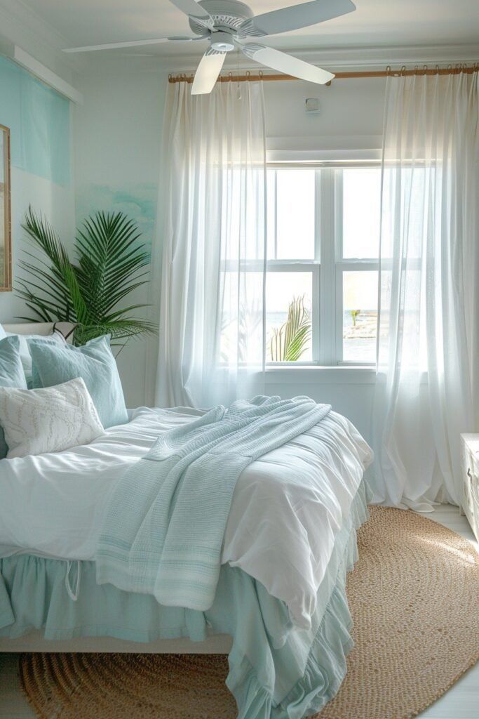 a bed sitting under a window in a bedroom