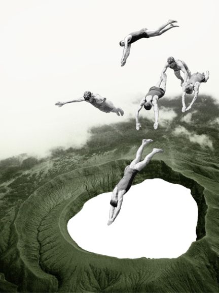 four people diving into a pool in the sky