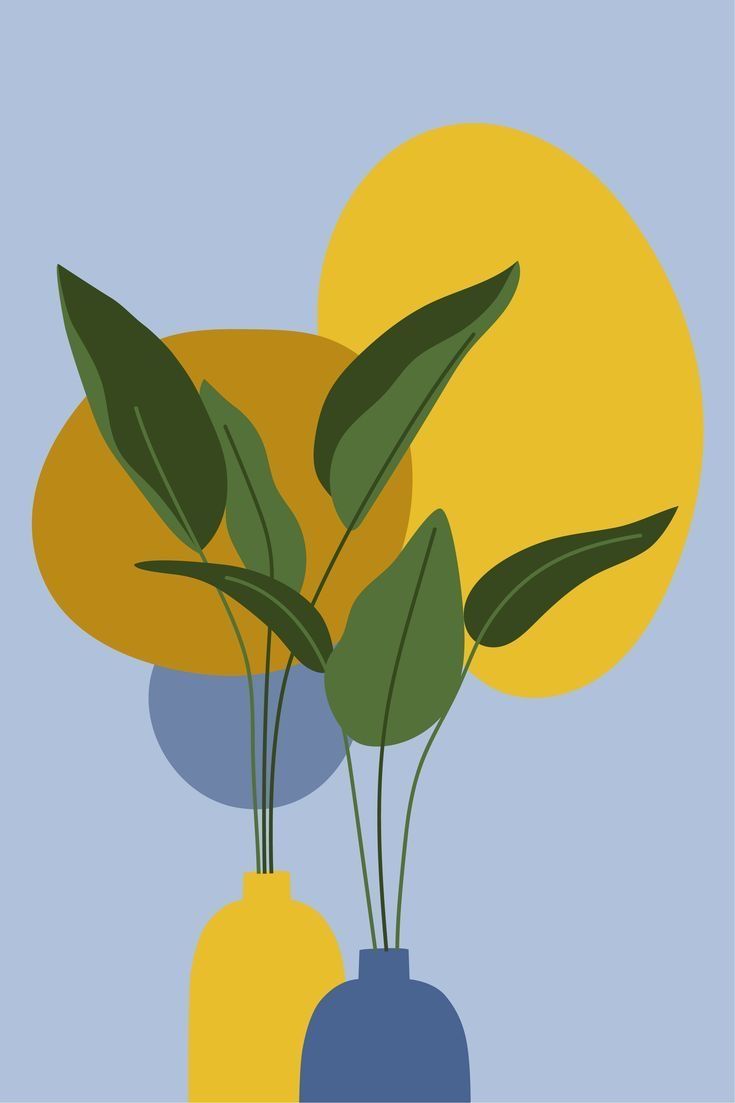 two vases with plants in them on a blue and yellow background, one has green leaves