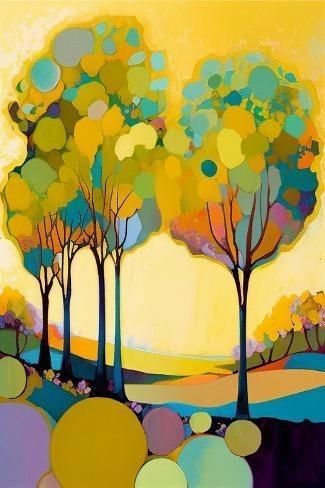 an abstract painting with trees and circles