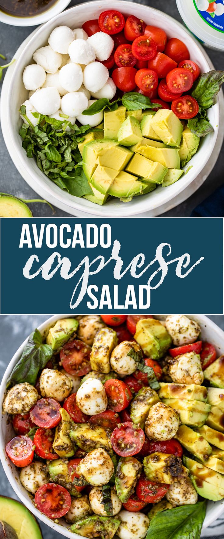 avocado cobble salad with tomatoes, cucumbers and mozzarella