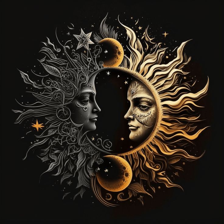 two sun and moon faces with stars in the sky above them, on a black background