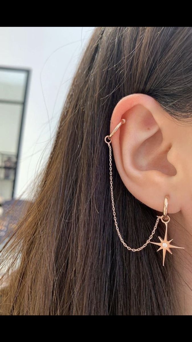 a close up of a person's ear with two stars attached to the chain