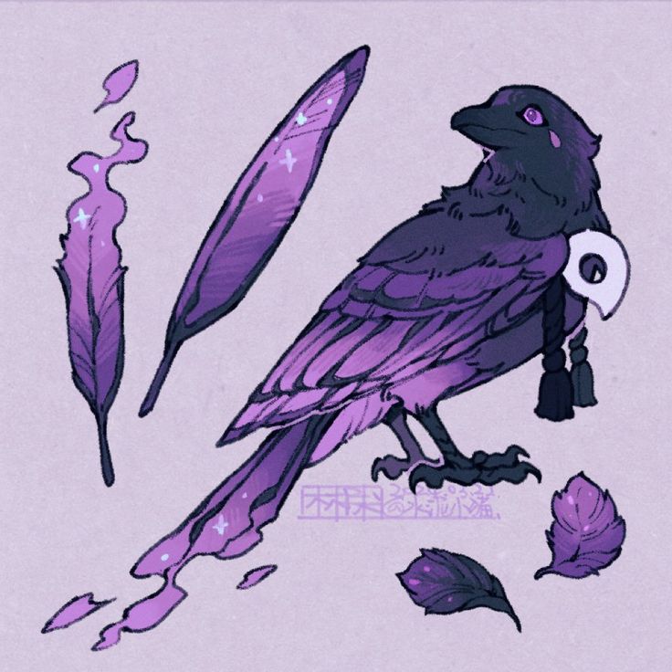 a drawing of a black bird with purple feathers