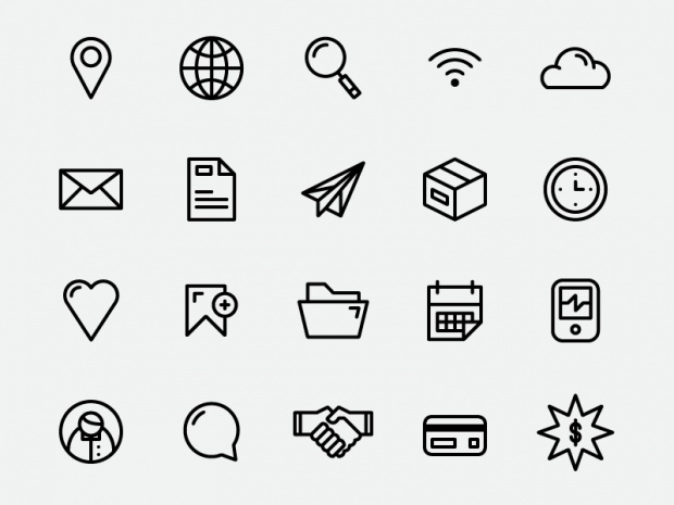 black and white icons on a light gray background, such as navigation, map, location