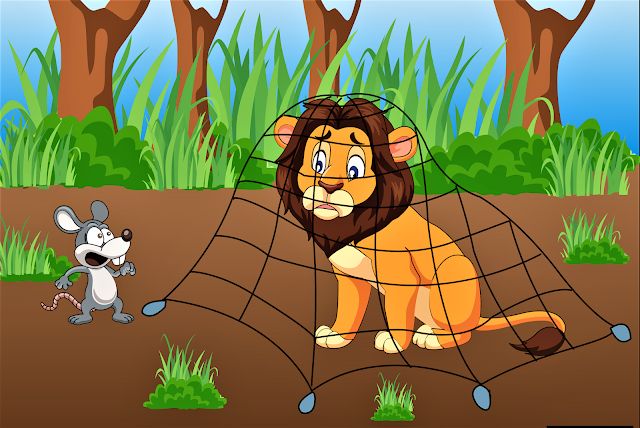 a cartoon lion and a mouse in a cage with trees behind it, both looking at each other