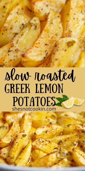 slow roasted greek lemon potatoes in a pan