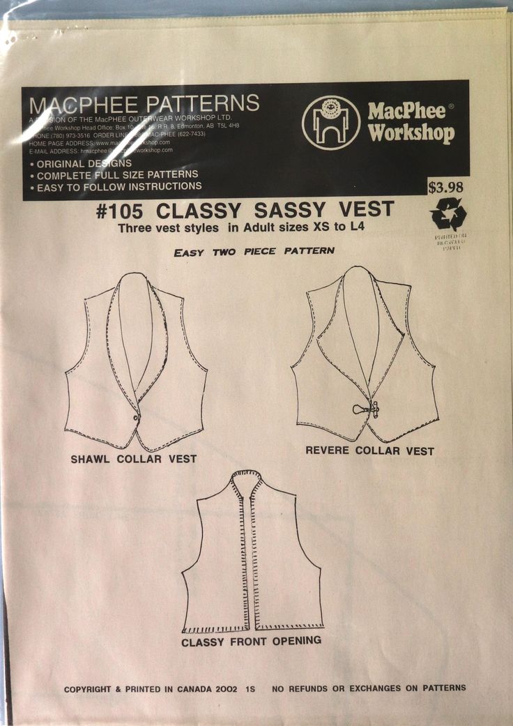 MacPhee 105 vest pattern.  Misses/women's Classy Sassy vest pattern.  Sizes XS-XXL.   See picture 3 for measurements. Pattern is uncut and factory sealed. As described, "Three vest styles.  This vest give a lot of impact for only a little effort!  The semi fitted pattern offers two lapel shapes and one without a lapel.  Designed to be  used with any reversible, no fray fabric, it goes together so quickly.  Not hems, no facings!  An easy vest with a flattering fit. Suggested fabrics:  Non fray berber, sueded berber, two sided fleece.  Also suggested are melton wool where the edges are blanket stitched. This would be fun vest to embellish with embroidery, buttons, toggles, edge stitching...create your own unique vest! Embroidery Buttons, Plain Vest, Edge Stitching, Collar Vest, Vest Pattern, Blanket Stitch, Vest Fashion, Shawl Collar, Sewing Projects