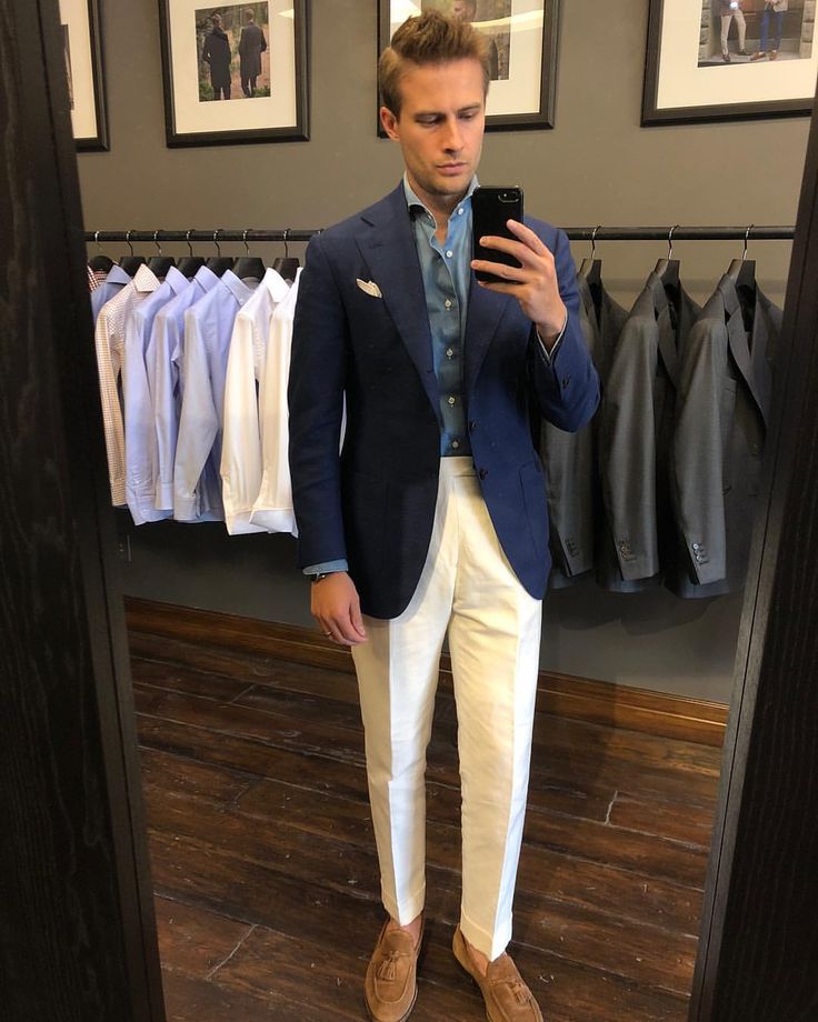 @jesseyeats in a VBC blue open weave sport coat, denim shirt, and cotton/linen off-white trousers. Paired with our Verona suede loafer. All… Blue Fitted Linen Suit, Formal Blue Linen Shirt, Blue Linen Blazer For Semi-formal Occasions, Blue Linen Single Breasted Suit, Blue Linen Semi-formal Suits, Blue Blazer Men, Dark Blue Coat, Dark Blue Blazer, White Linen Trousers