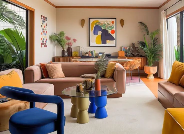 a living room filled with furniture and lots of windows covered in plants on either side of the couches