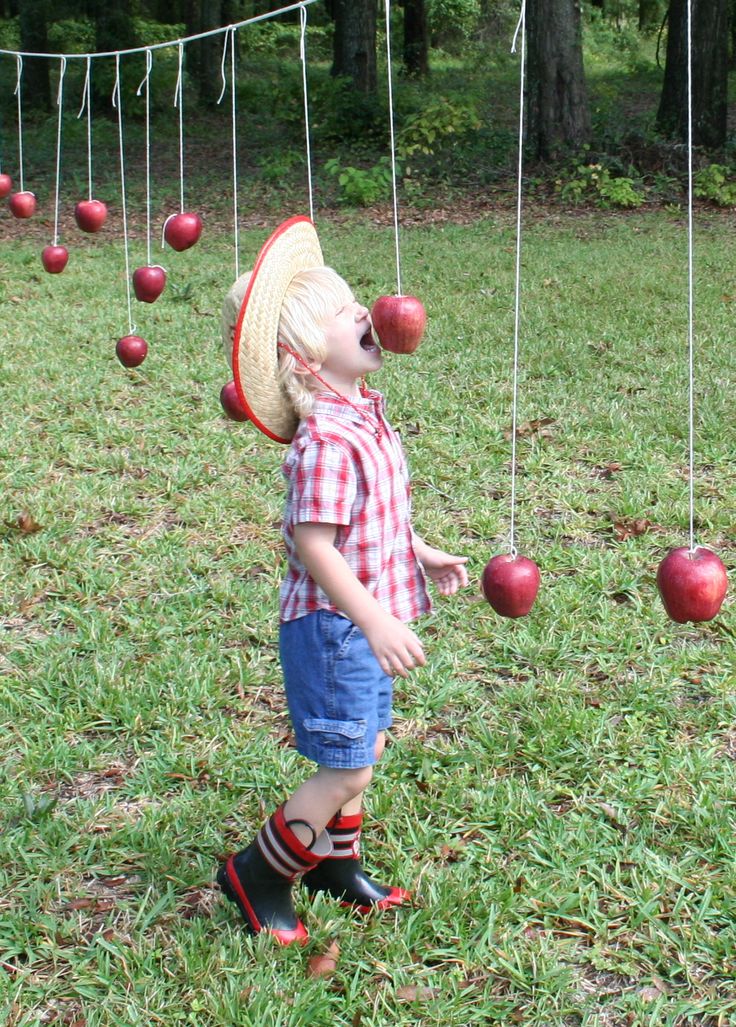 a little boy standing in the grass with some apples hanging from it's strings