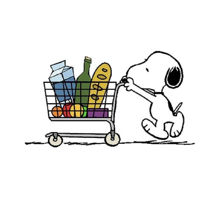 a cartoon snoopy pushing a shopping cart full of food and drinks in it's right hand