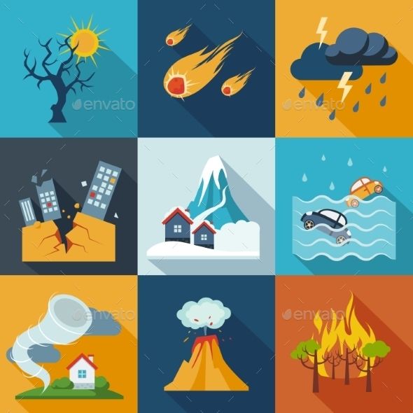 four flat icons with different types of weather and climates in the form of houses