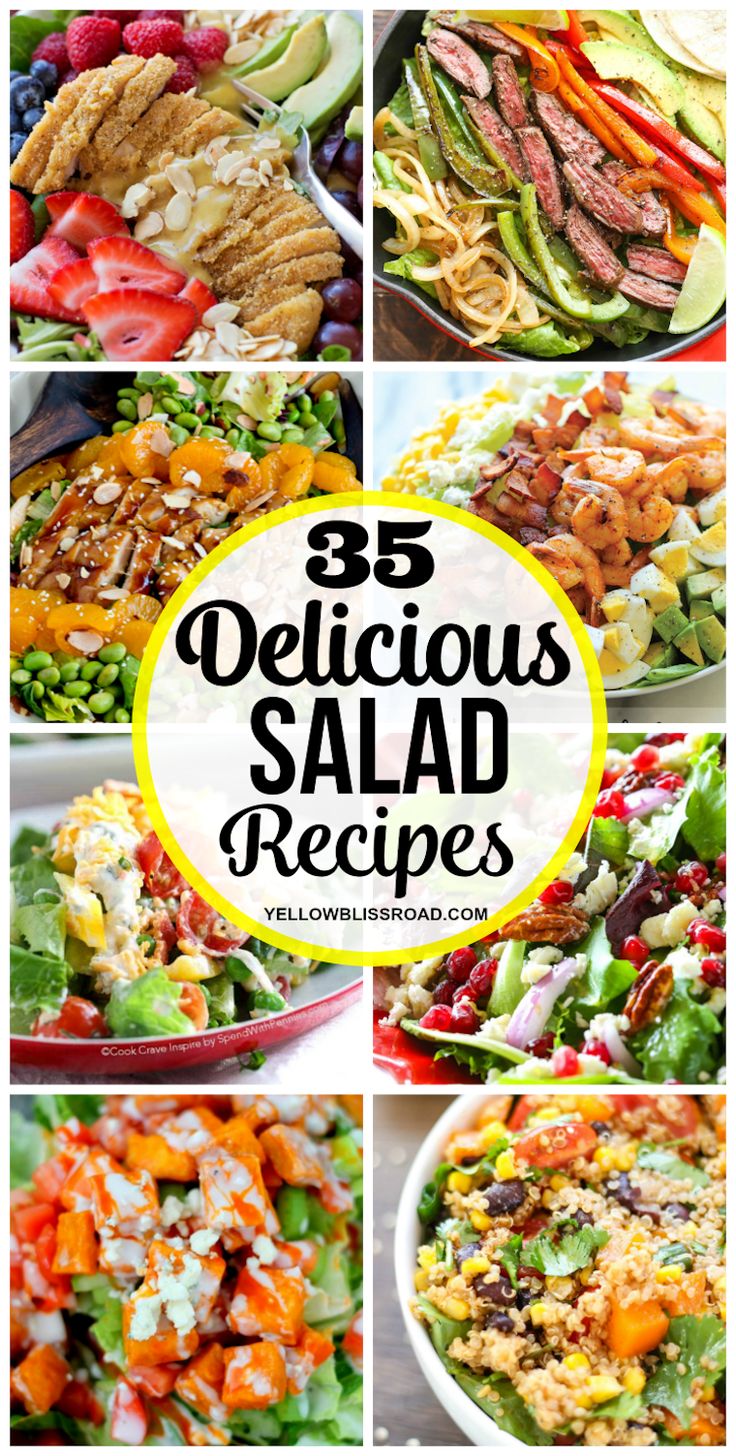 different salads with the words 35 delicious salad recipes